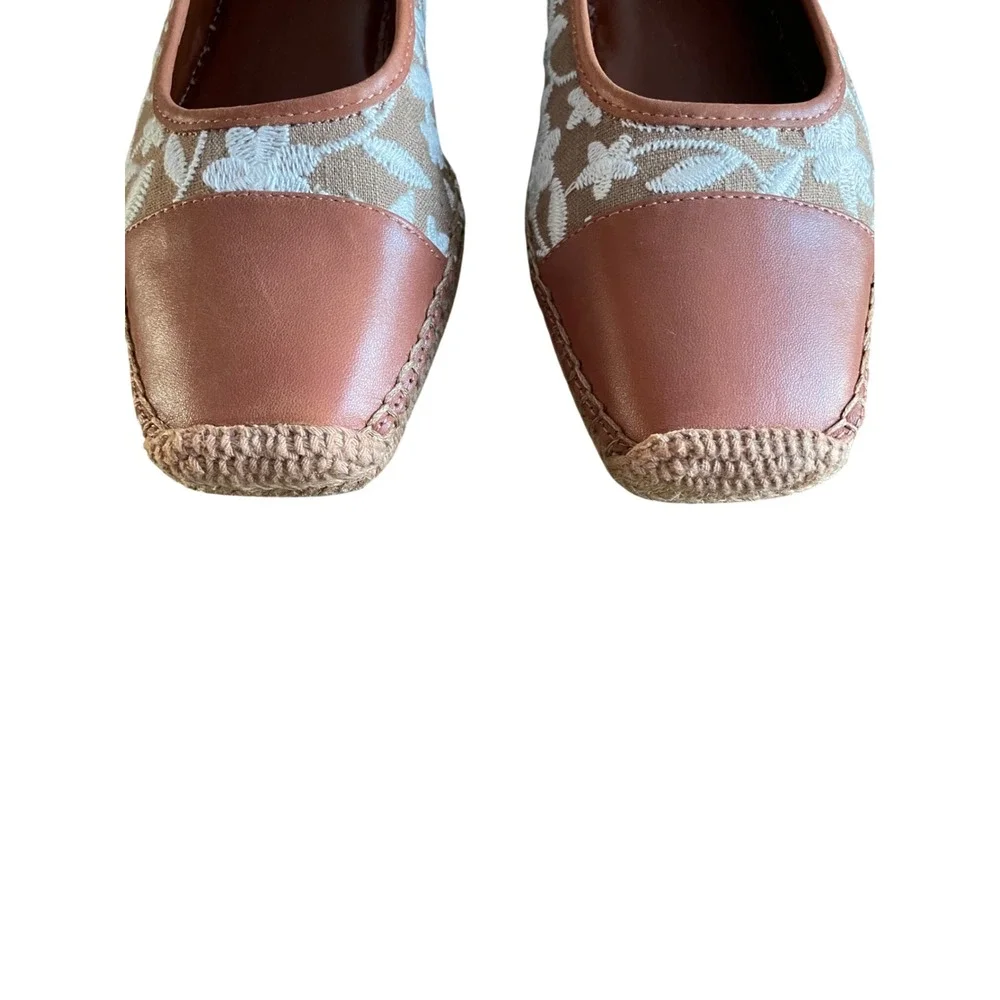 Vince Camuto Women Espadrille Flats Embroidered Floral Square Toe Tan Brown 6.5